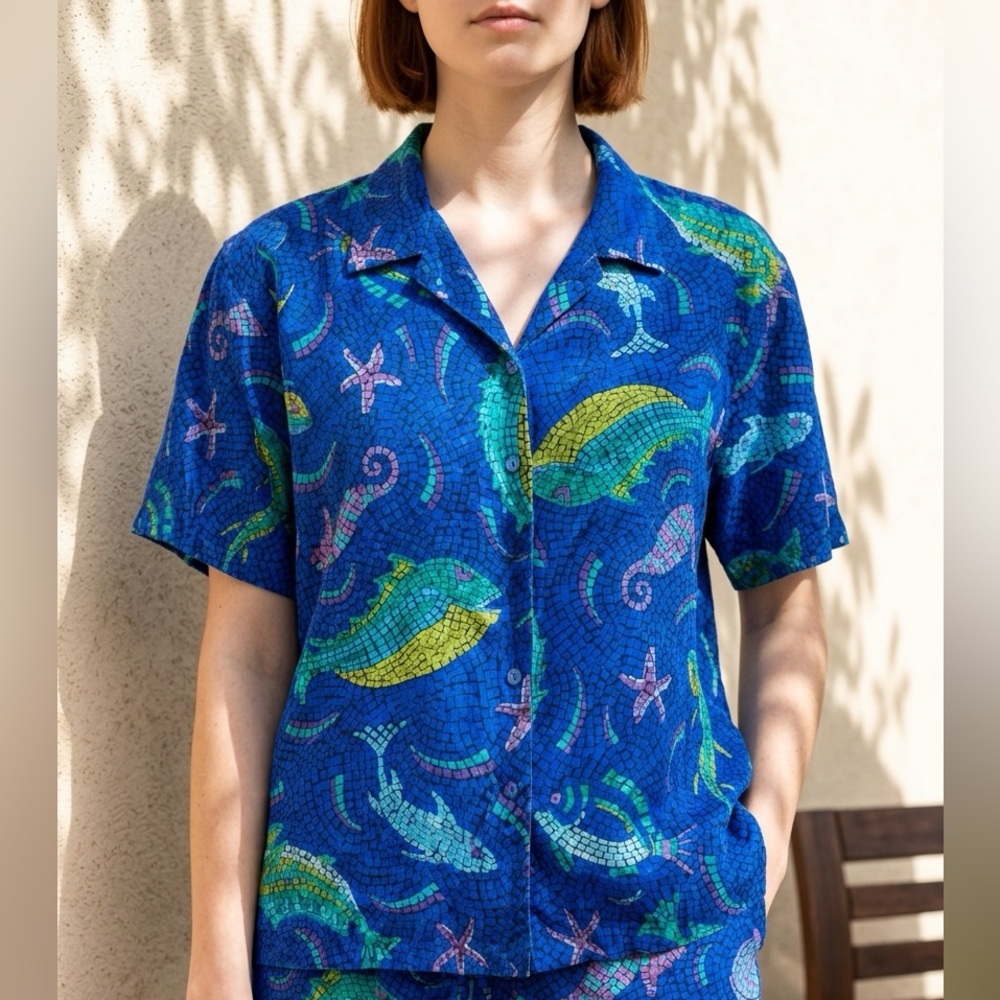 Vintage Lady Bear 100% silk mosaic tropical aquatic button up blouse grandmacore